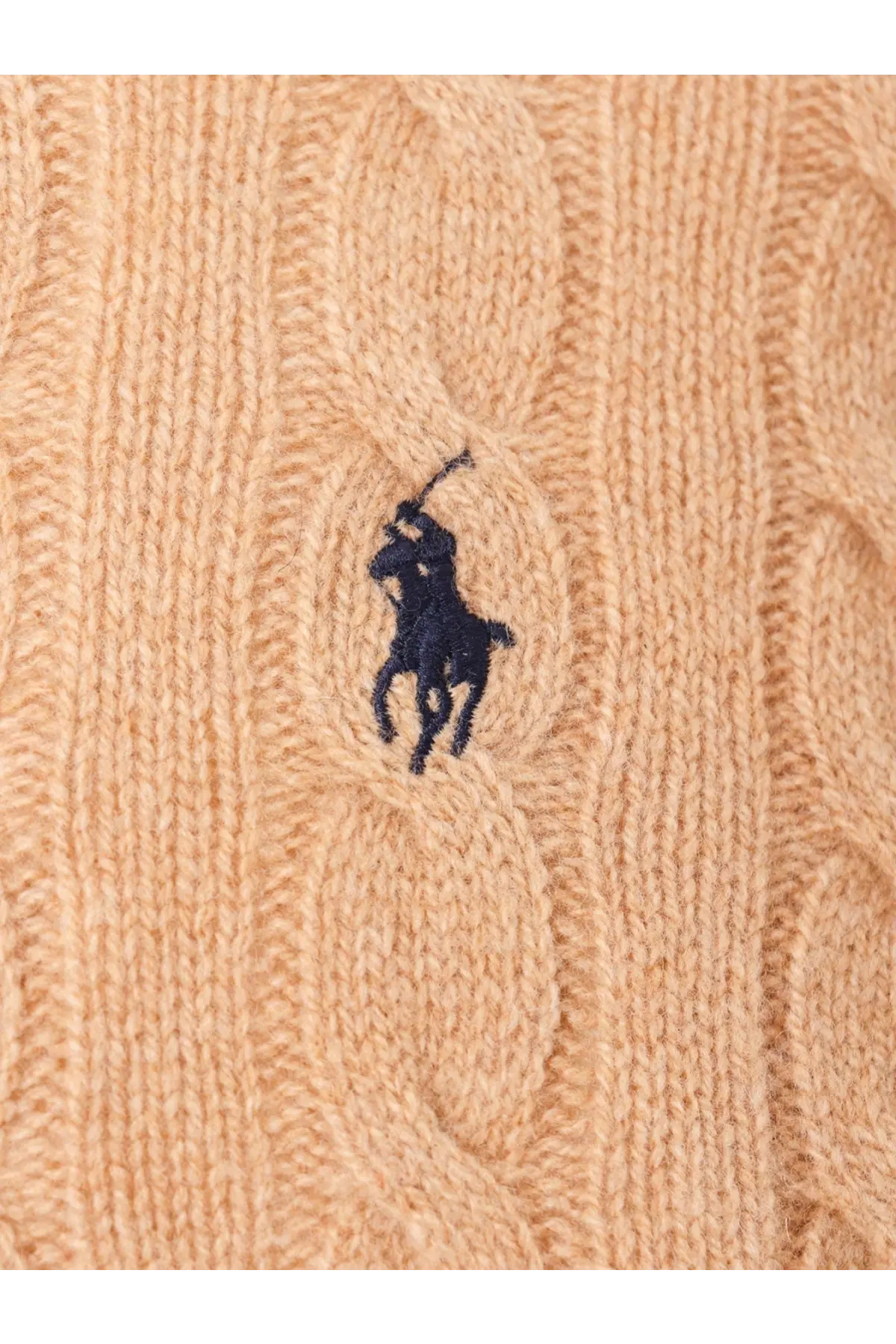 Beige cable-knit polo ralph lauren men’s sweater with wool and cashmere blend and navy blue embroidered logo