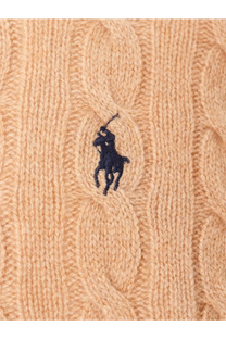 Beige cable-knit polo ralph lauren men’s sweater with wool and cashmere blend and navy blue embroidered logo