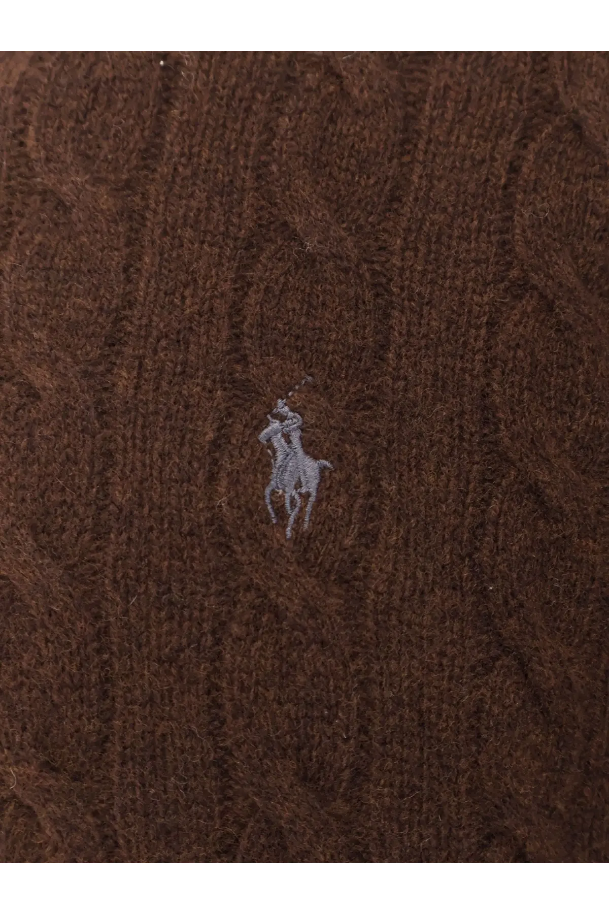 Brown wool and cashmere cable knit sweater with small gray embroidered polo ralph lauren logo for men