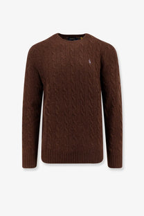 Brown cable knit sweater with wool and cashmere blend featuring ralph lauren polo player logo on left chest