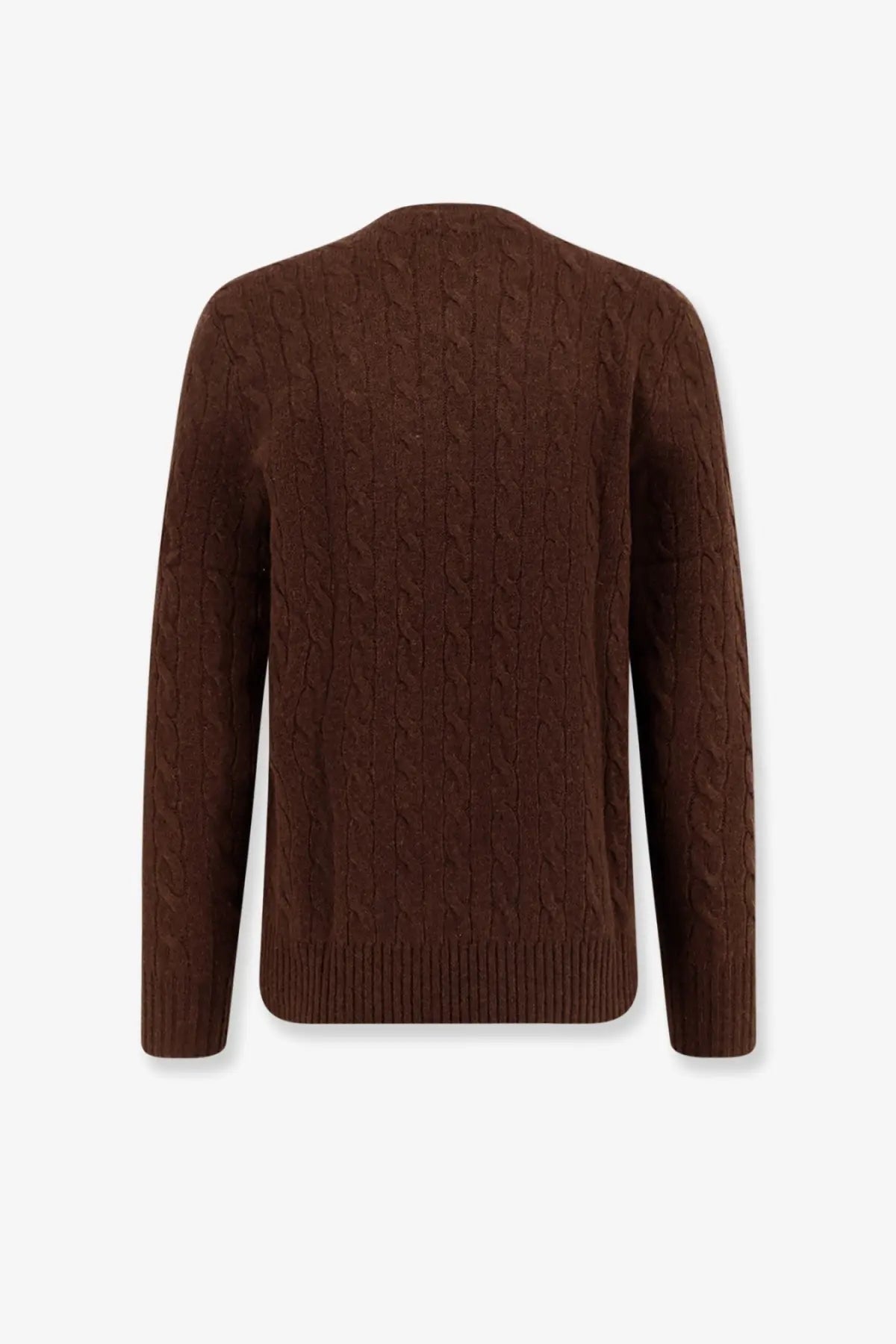 Polo Ralph Lauren men’s brown wool and cashmere cable knit sweater with ribbed hem and cuffs