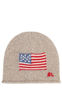 Beige knitted Polo Ralph Lauren unisex berretto in maglia brown beanie with red white and blue embroidered American flag patch and rl logo on side