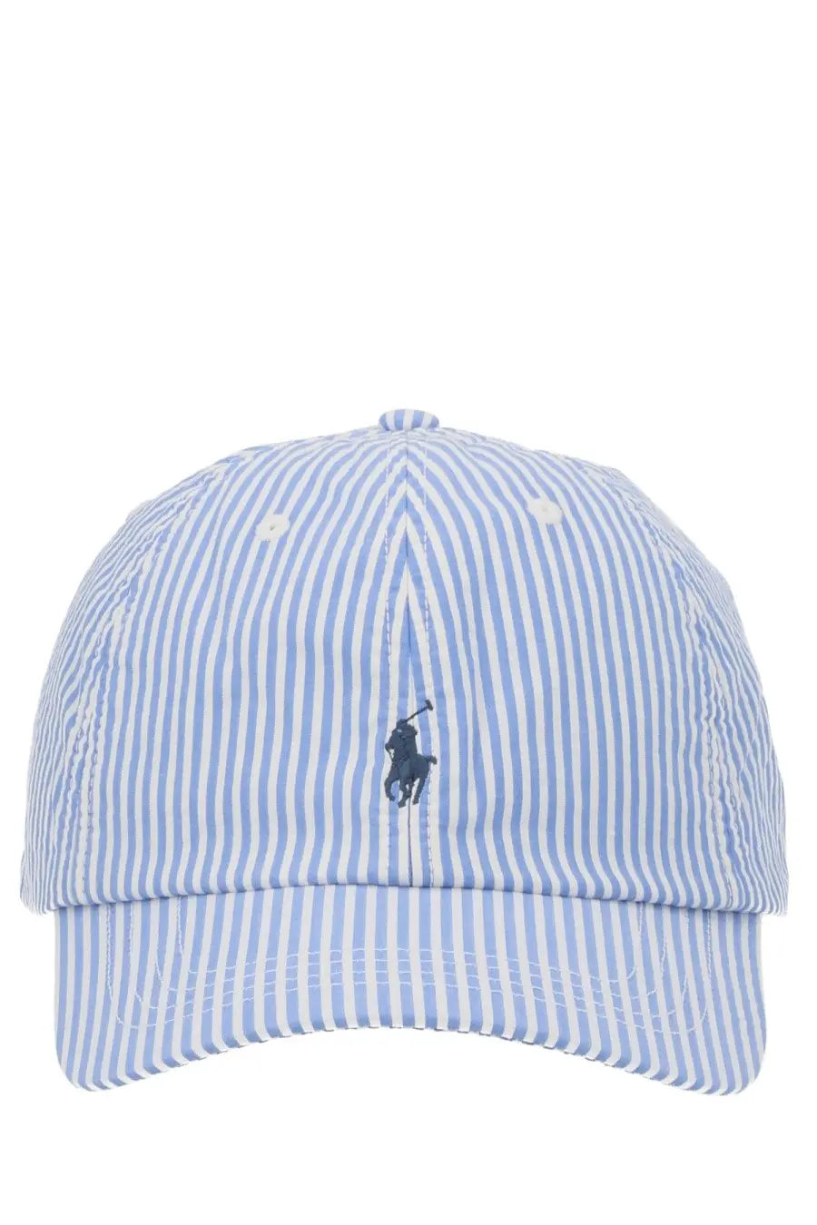 Light blue and white striped cotton baseball cap with dark navy embroidered polo ralph lauren logo front unisex