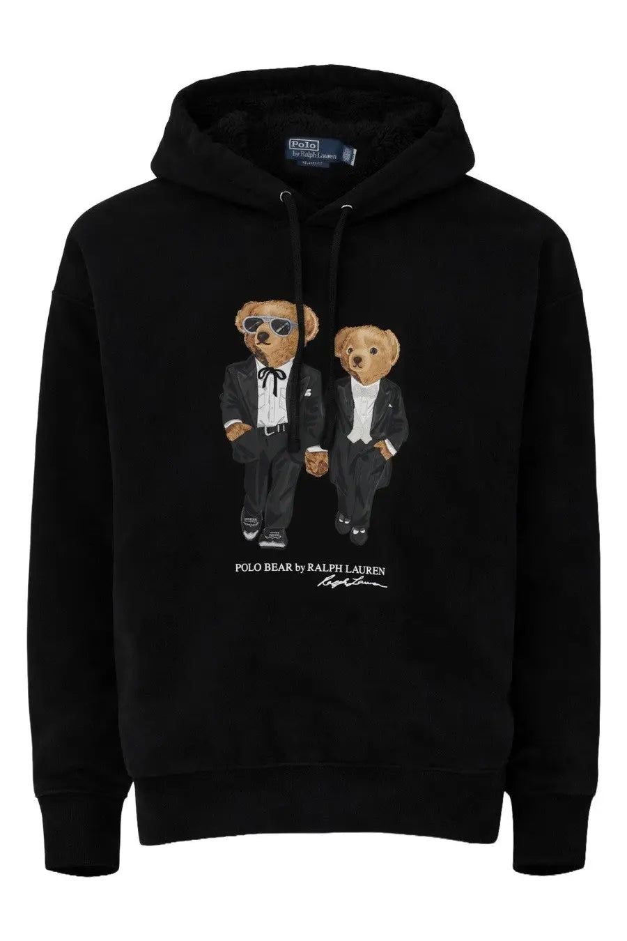 Black hooded sweatshirt featuring two tuxedo bear graphics in black suits from polo ralph lauren unisex felpa