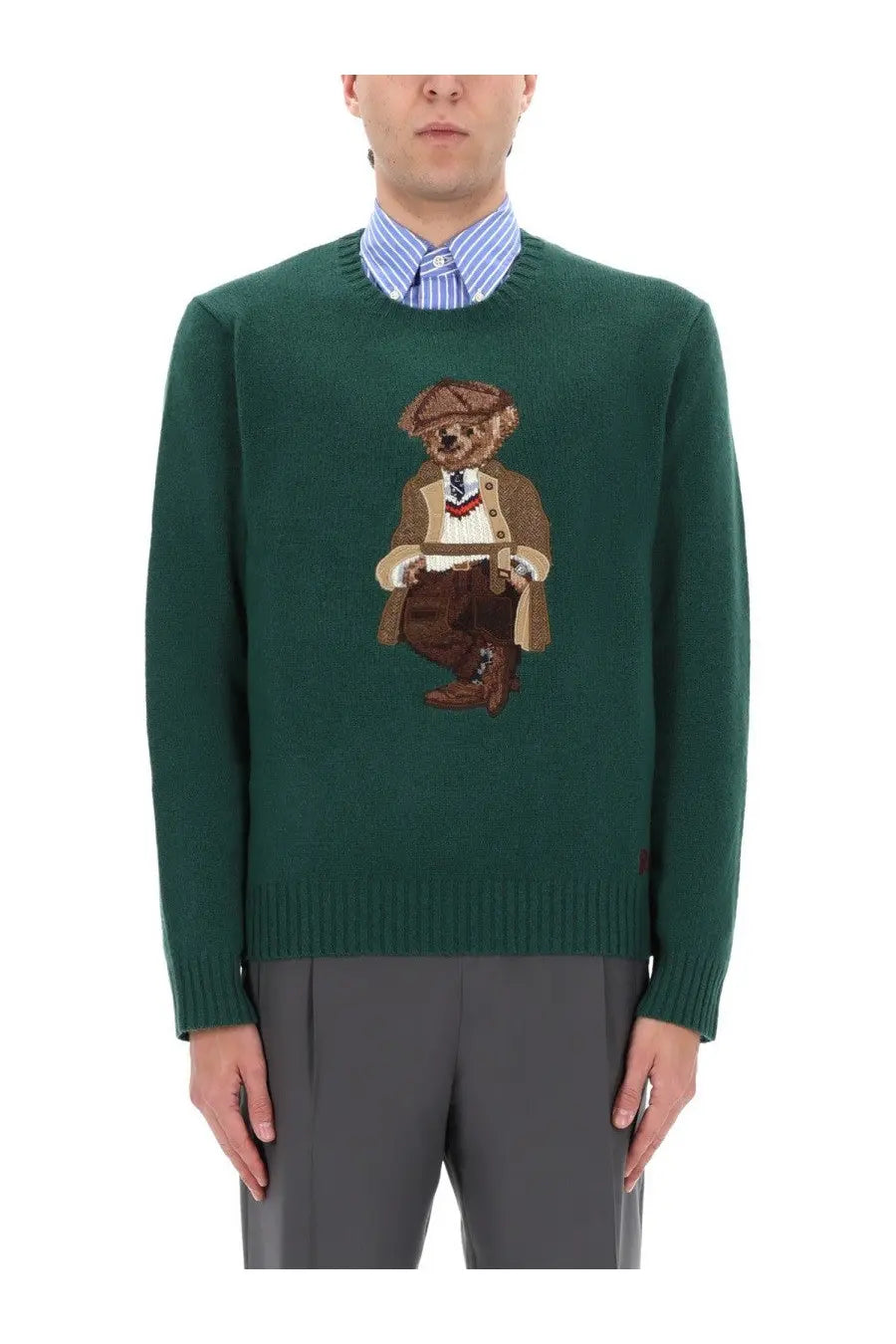 Dark green knit sweater featuring an embroidered teddy bear in a vintage suit and hat by Polo Ralph Lauren unisex