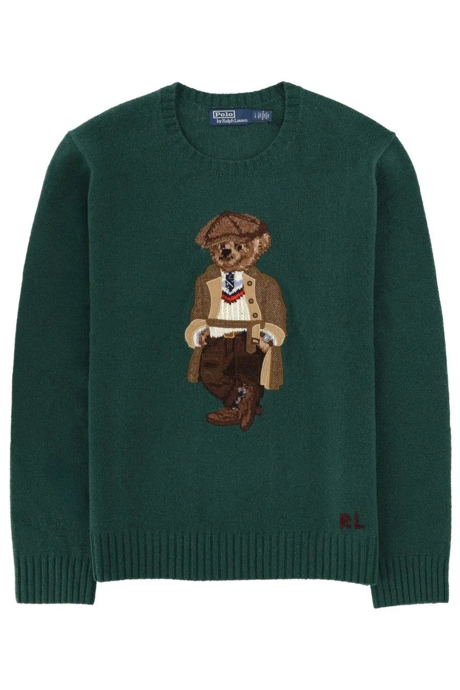 Dark green knit sweater with embroidered vintage-style teddy bear by Polo Ralph Lauren unisex Maglia Polo Bear Green