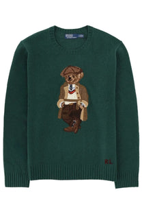 Dark green knit sweater with embroidered vintage-style teddy bear by Polo Ralph Lauren unisex Maglia Polo Bear Green