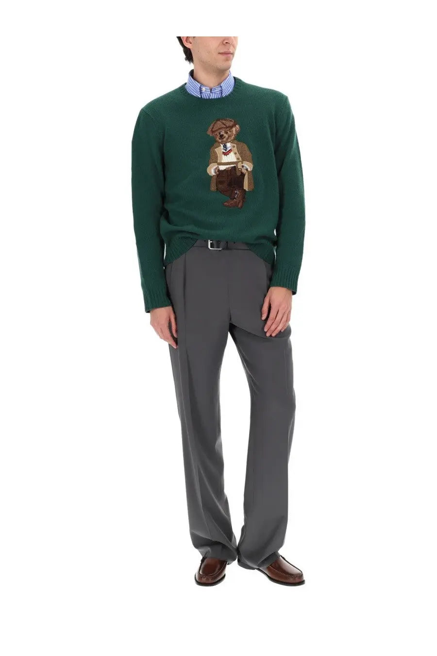 Dark green ralph lauren unisex sweater with embroidered polo bear in suit made of soft knit fabric