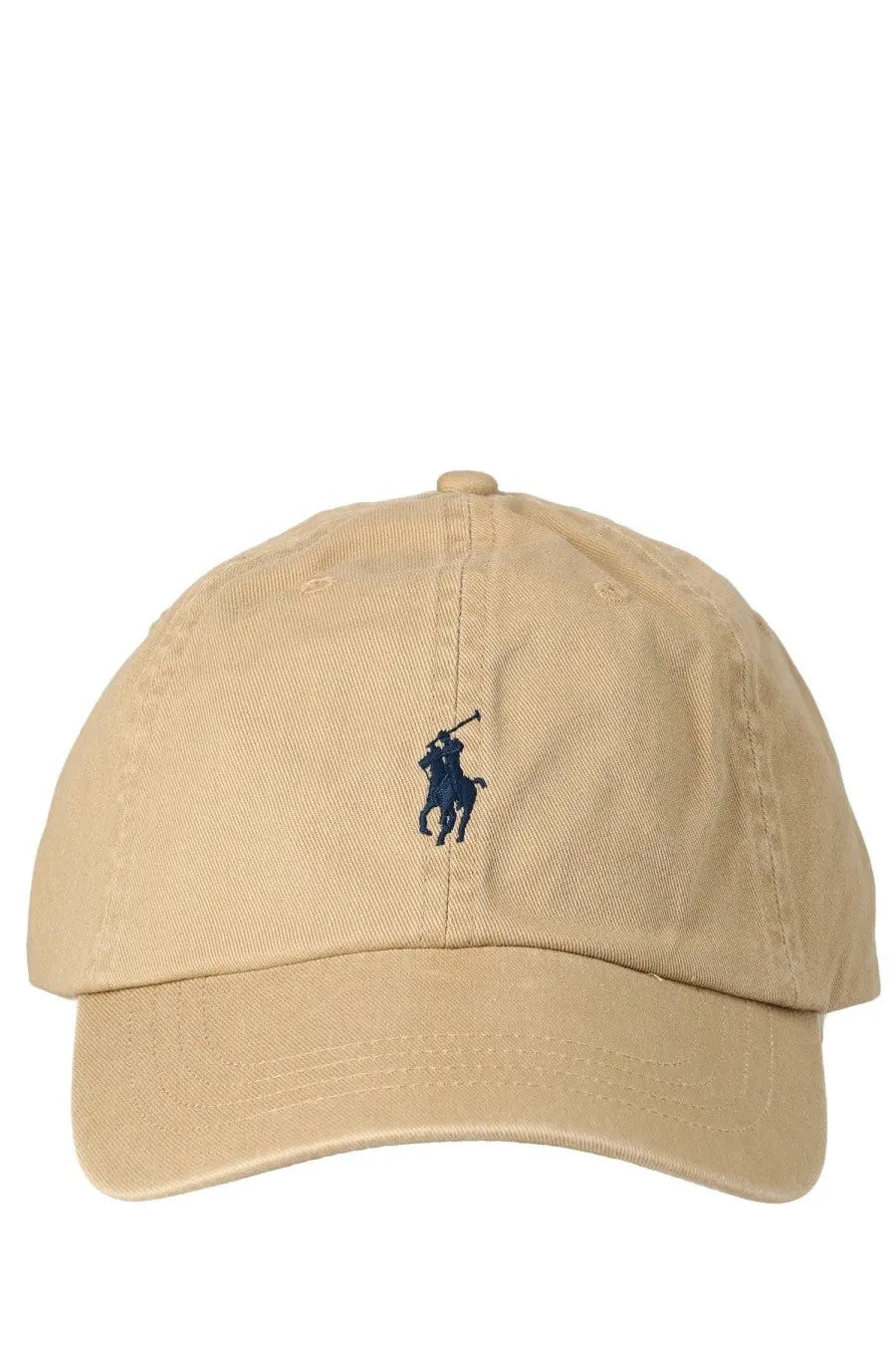 Beige cotton baseball cap for women featuring a navy blue embroidered polo player logo by Polo Ralph Lauren