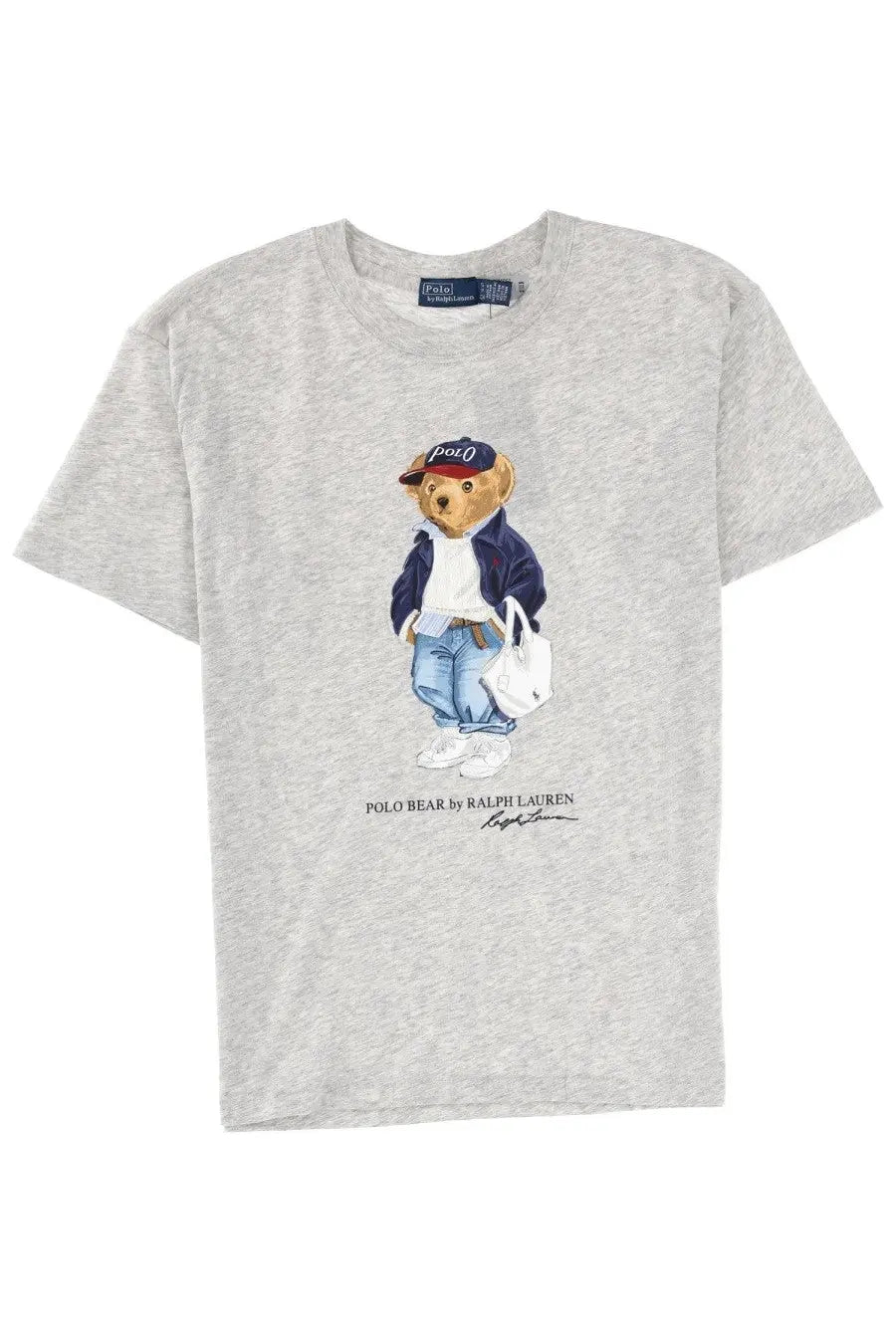Heather gray polo ralph lauren women’s short-sleeved t-shirt with classic navy white and tan polo bear graphic