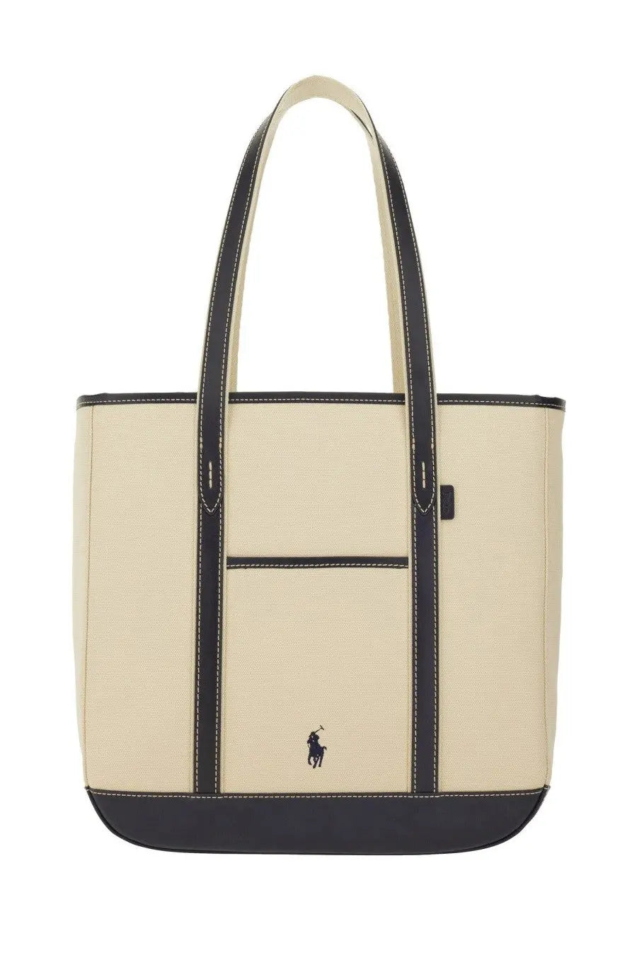 Cream-colored canvas polo ralph lauren tote bag with black leather trim and embroidered logo for women shopper medium pink