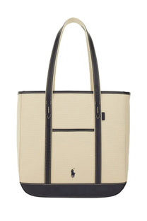 Cream-colored canvas polo ralph lauren tote bag with black leather trim and embroidered logo for women shopper medium pink
