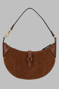 Polo ralph lauren women’s borsa spalla small brown suede crescent shoulder bag with dark leather trim and gold hardware