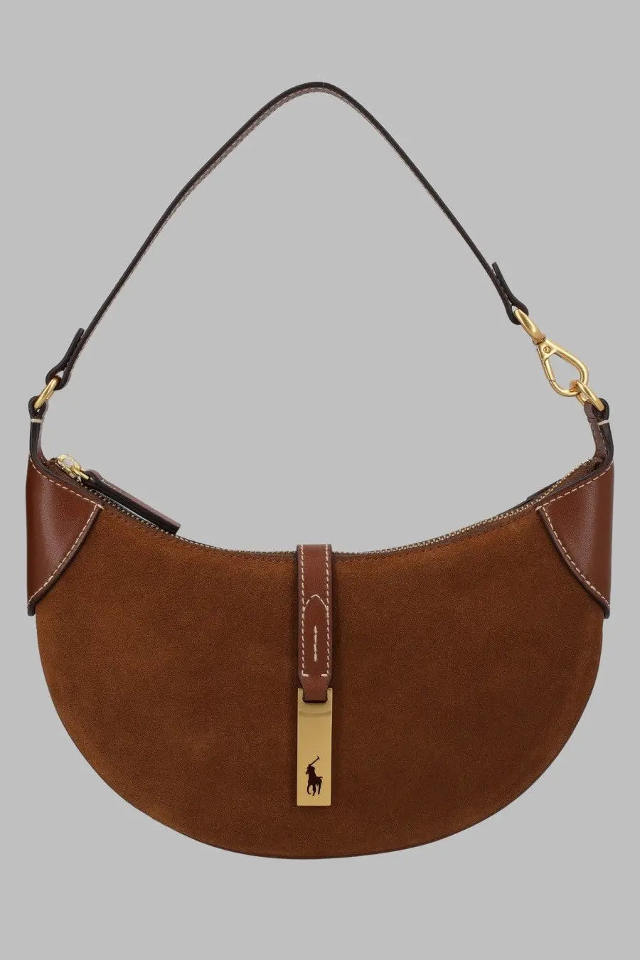 Brown suede crescent-shaped handbag with gold-tone ralph lauren clasp polo ralph lauren borsa spalla small in pelle brown