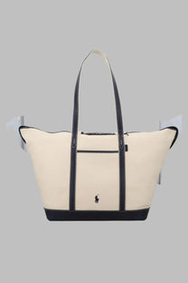 Polo Ralph Lauren women’s borsa tote large in tela pelle beige cream canvas with navy leather straps and embroidered polo logo