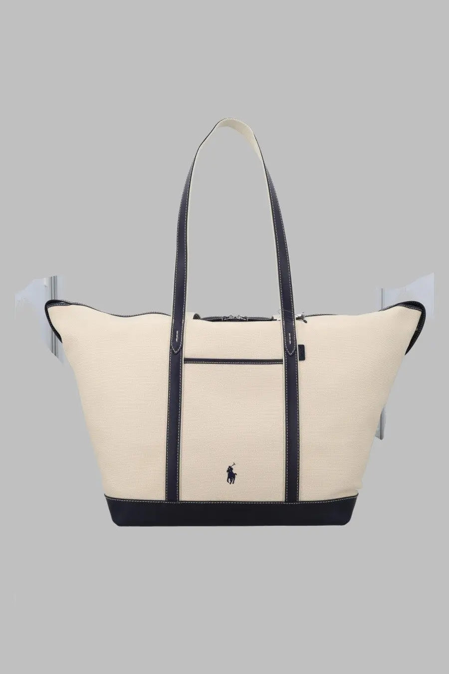 Polo Ralph Lauren women’s borsa tote large in cream canvas with navy leather straps and embroidered polo logo