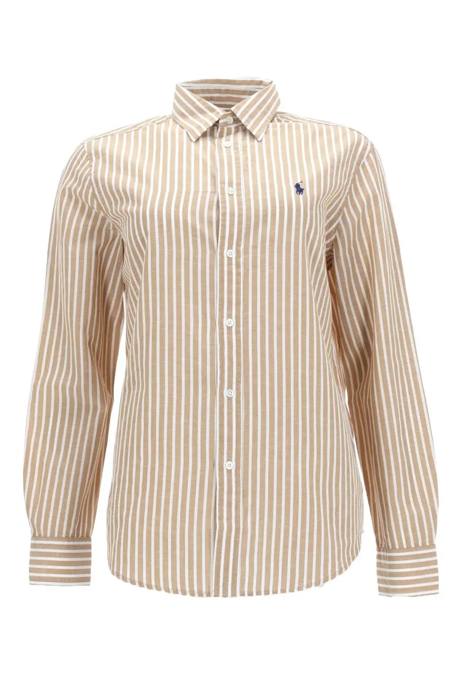 Polo Ralph Lauren women’s beige and white vertically striped long-sleeved button-down shirt with navy logo
