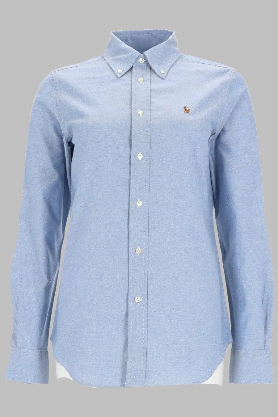 Light blue Polo Ralph Lauren women’s button-down shirt in cotton with textured weave and embroidered polo player logo