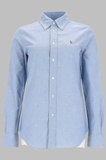 Light blue Polo Ralph Lauren women’s button-down shirt in cotton with textured weave and embroidered polo player logo