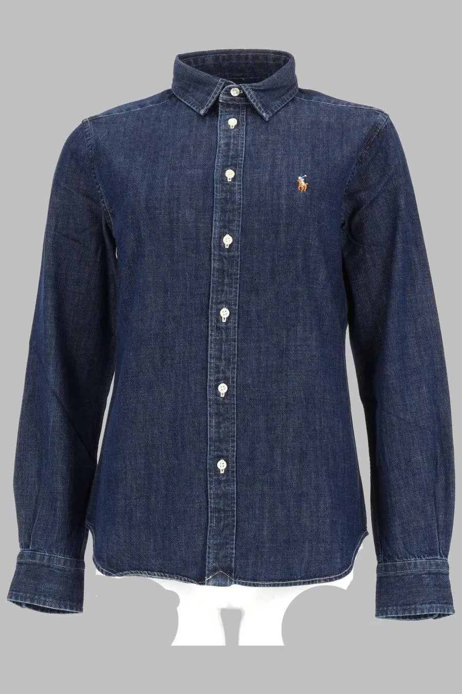 Polo Ralph Lauren women’s dark blue denim button-down shirt with small embroidered polo player logo on left chest