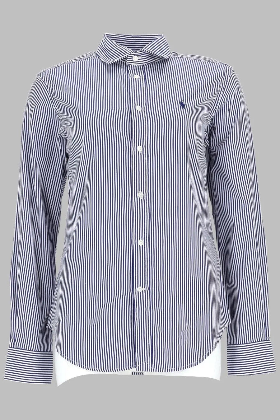 Polo Ralph Lauren women’s navy and white striped long-sleeve button-down shirt with classic collar and embroidered polo logo