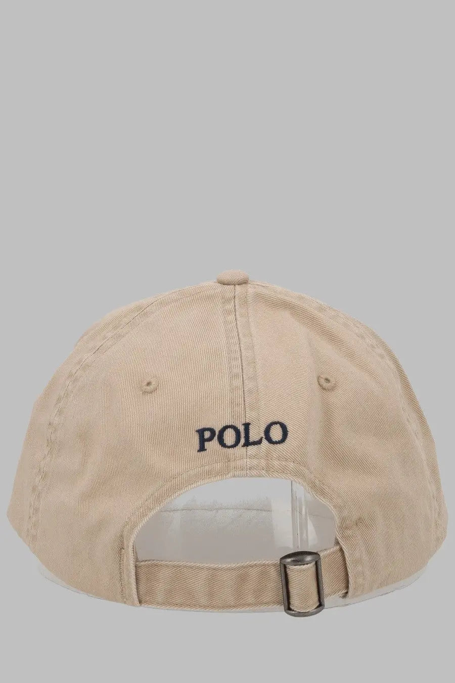 Beige cotton baseball cap with black embroidered polo logo and metal buckle adjustment strap by polo ralph lauren