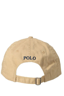 Beige cotton polo ralph lauren women’s baseball cap with navy blue embroidered logo and silver metal buckle strap