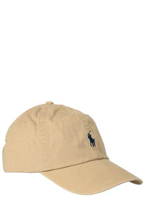 Beige cotton baseball cap with navy blue embroidered polo ralph lauren logo for women