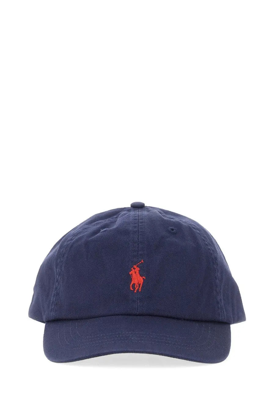 Navy blue cotton baseball cap with vibrant orange embroidered Polo Ralph Lauren logo for women