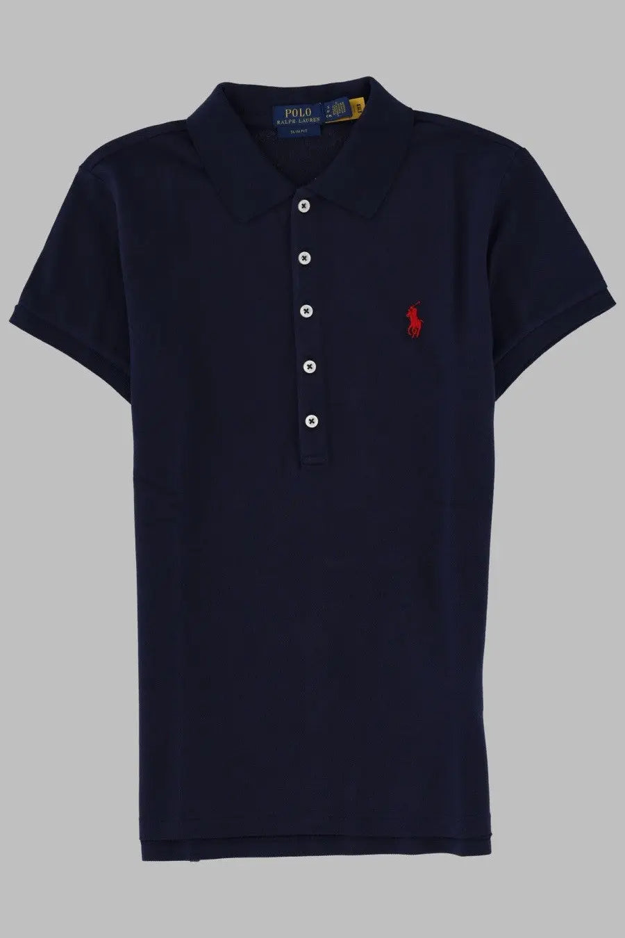 Navy blue Polo Ralph Lauren women’s polo with white buttons and red embroidered horse logo on left chest