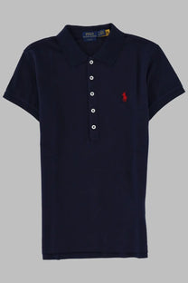 Navy blue Polo Ralph Lauren women’s polo with white buttons and red embroidered horse logo on left chest