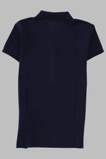 Navy blue Polo Ralph Lauren women’s short-sleeved polo shirt with classic collar and ribbed cuffs