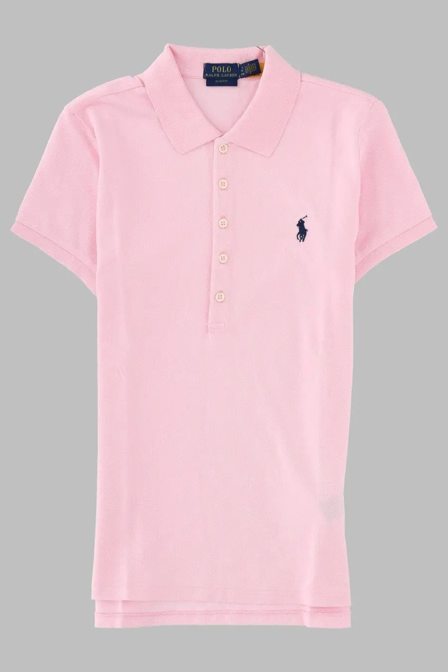 Pink polo ralph lauren women’s polo shirt with navy blue embroidered horse and rider logo on the left chest
