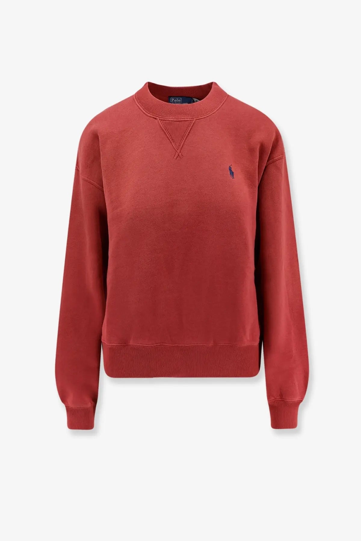 Polo ralph lauren women’s cotton blend sweater red with rust-colored crewneck and embroidered polo player logo