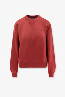 Polo ralph lauren women’s cotton blend sweater red with rust-colored crewneck and embroidered polo player logo