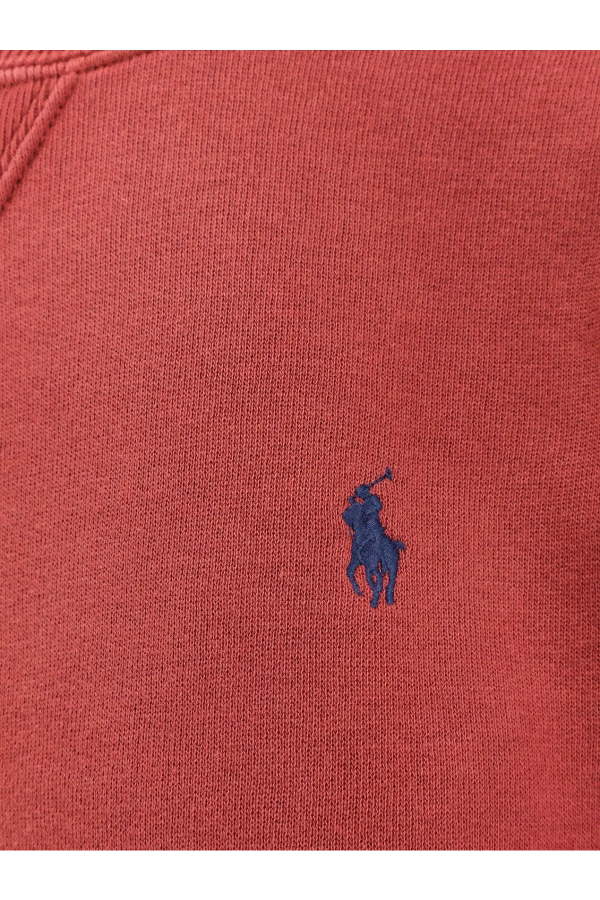 Red cotton blend sweatshirt with small blue embroidered polo player logo by polo ralph lauren for women