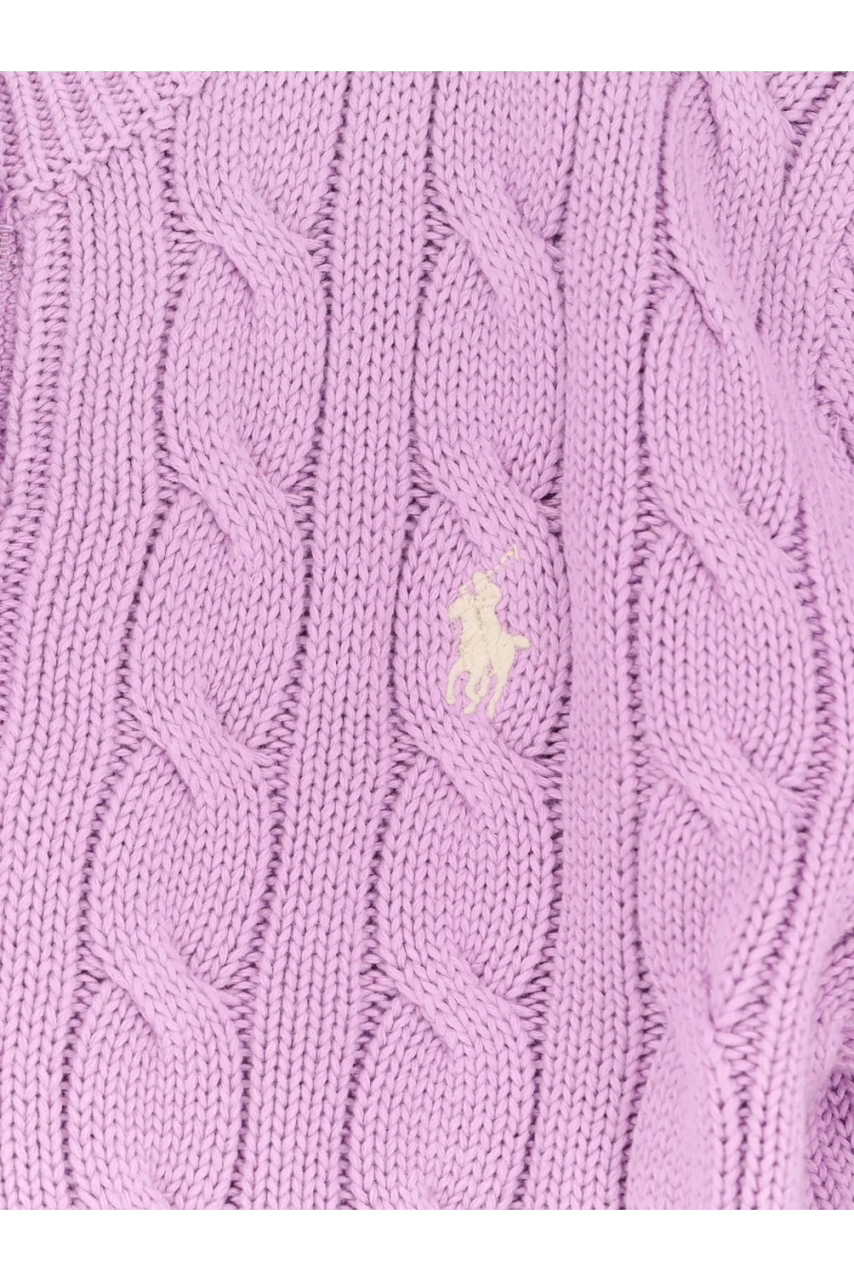 A lavender cable-knit cotton cardigan featuring a cream embroidered Polo Ralph Lauren logo for women