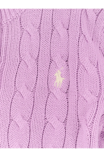 A lavender cable-knit cotton cardigan featuring a cream embroidered Polo Ralph Lauren logo for women