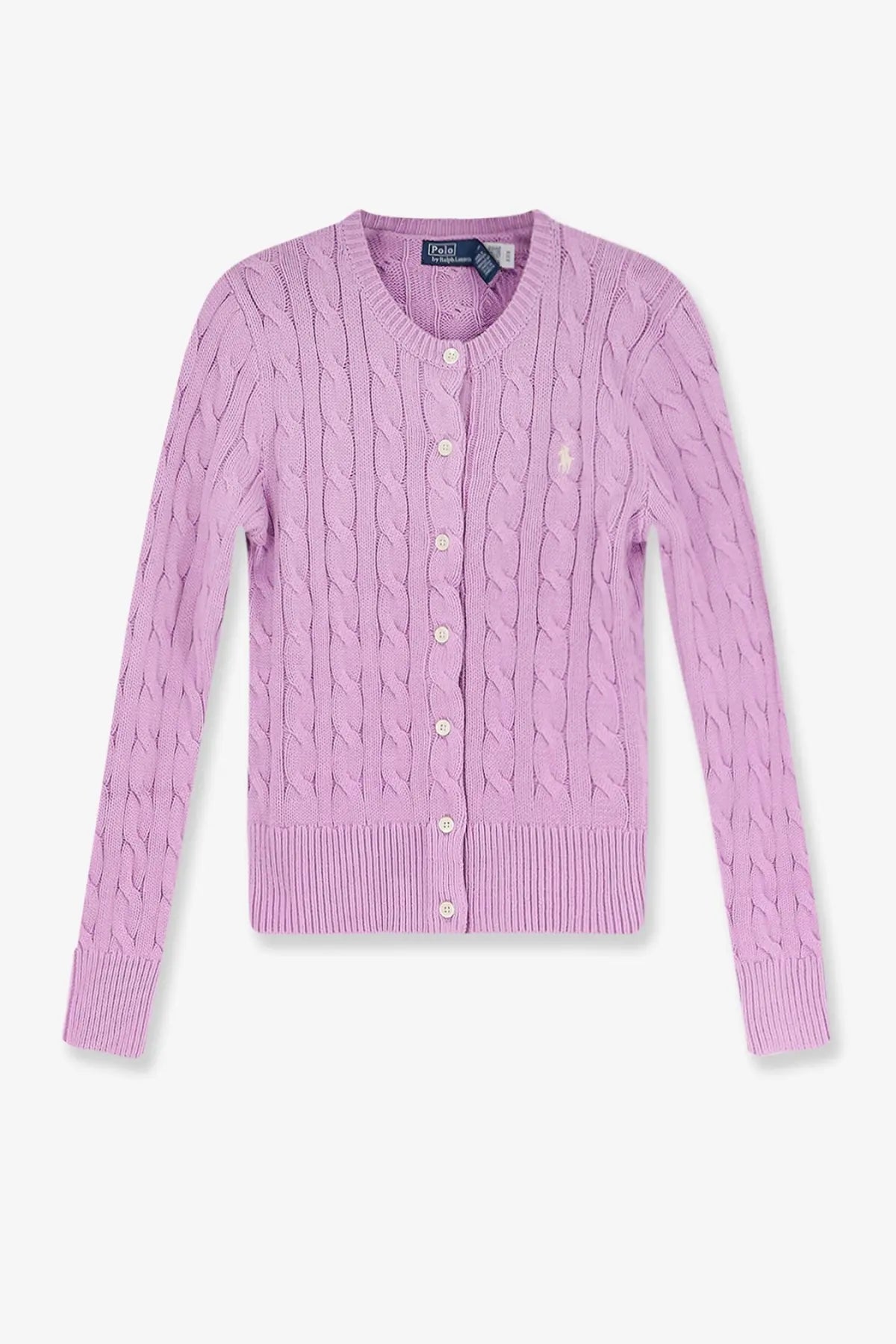 A soft lavender cotton cable-knit Polo Ralph Lauren women’s cardigan with round neckline and button-front closure