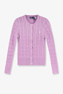 A soft lavender cotton cable-knit Polo Ralph Lauren women’s cardigan with round neckline and button-front closure