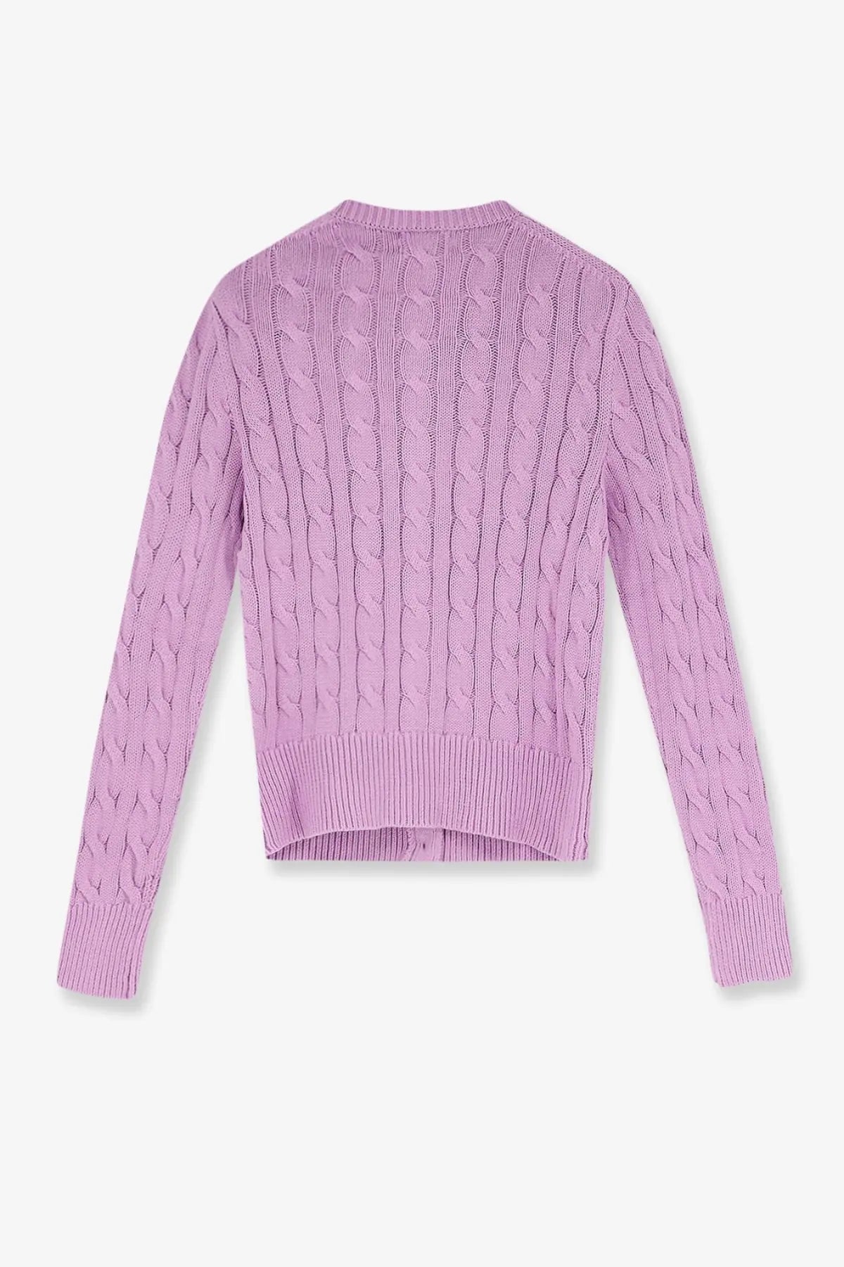 Polo Ralph Lauren women’s cotton cardigan brightaster soft lavender cable knit with round neckline and ribbed cuffs