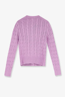 Polo Ralph Lauren women’s cotton cardigan brightaster soft lavender cable knit with round neckline and ribbed cuffs