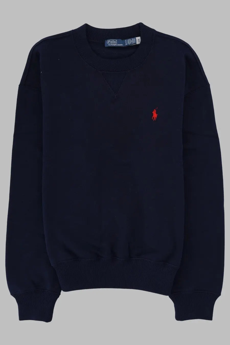 Navy blue Polo Ralph Lauren women’s sweatshirt with small red embroidered polo player logo on left chest
