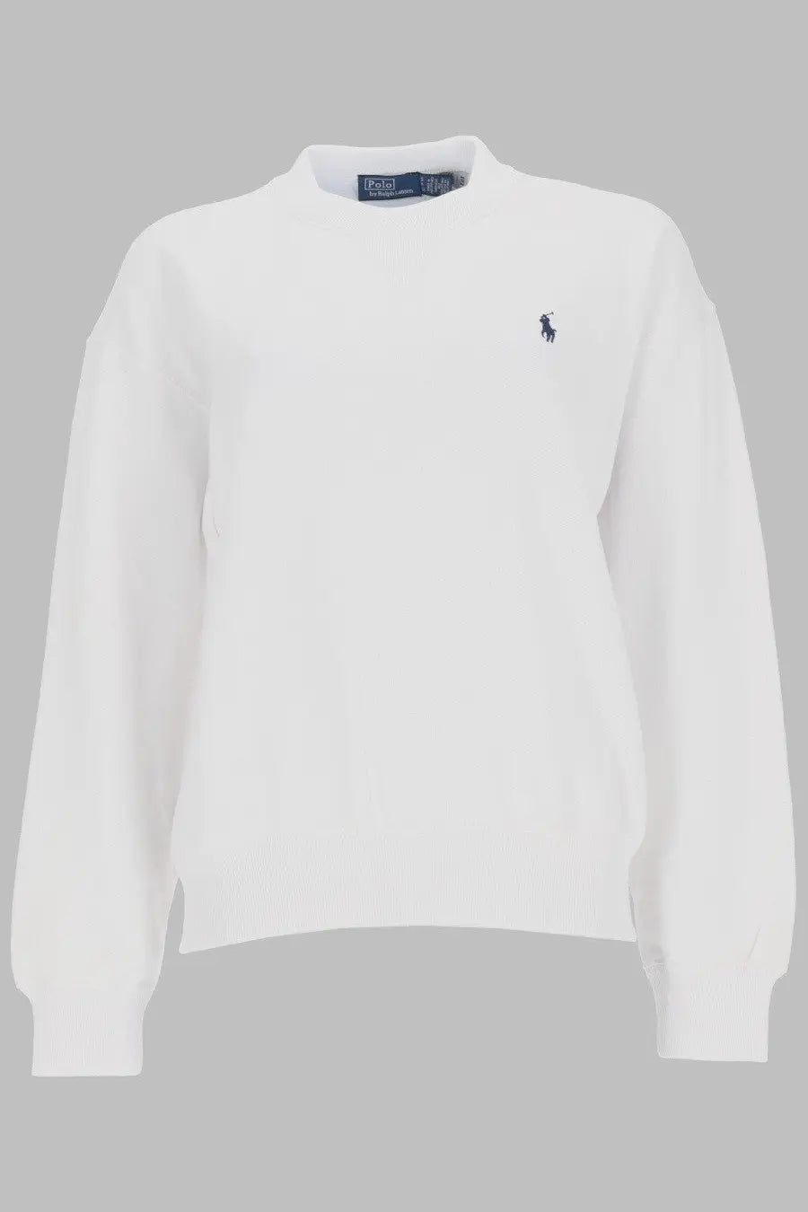 White Polo Ralph Lauren women’s sweatshirt with navy blue embroidered polo player logo on left chest
