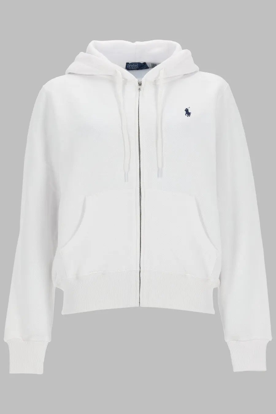 Polo Ralph Lauren women’s white zip-up hoodie with navy blue embroidered polo player logo and matching drawstrings