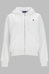 Polo Ralph Lauren women’s white zip-up hoodie with navy blue embroidered polo player logo and matching drawstrings