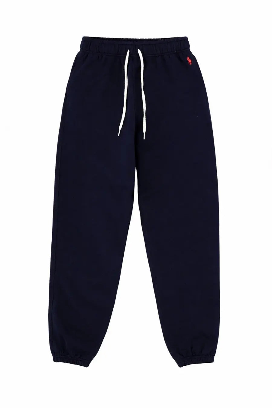Navy blue Polo Ralph Lauren women’s jogger pants with white drawstrings and red polo player logo on waistband