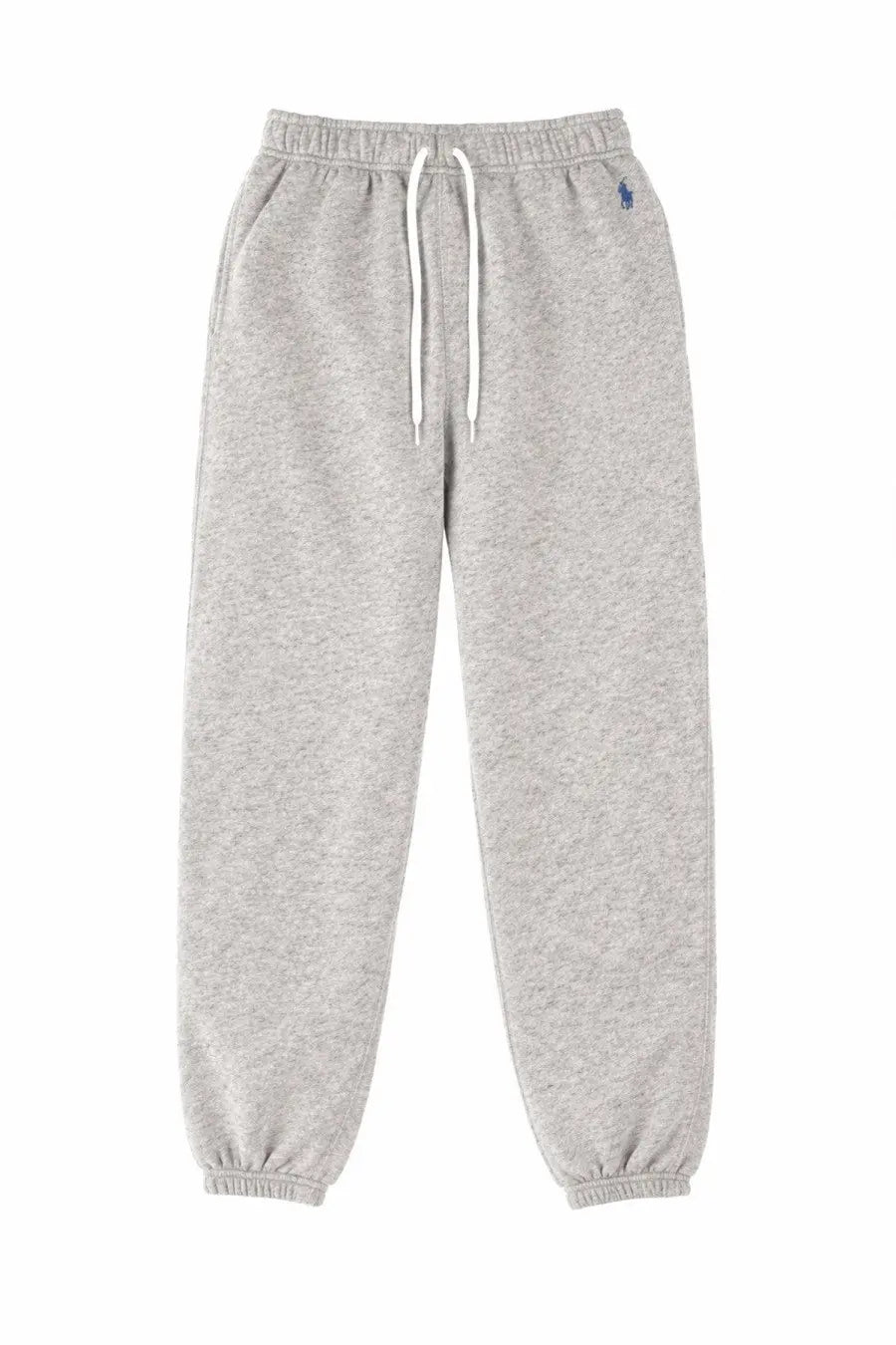 Polo Ralph Lauren women’s jogger pants in grey heathered fabric with white drawstrings and a blue embroidered logo on the waistband