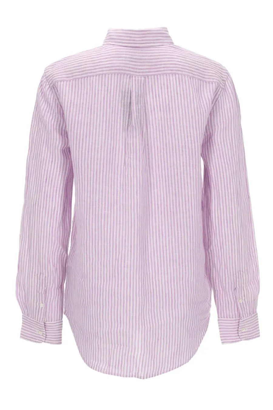 Polo Ralph Lauren women’s linen shirt in lavender and white vertical stripes with long sleeves and a classic collar