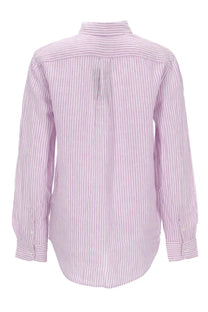 Polo Ralph Lauren women’s linen shirt in lavender and white vertical stripes with long sleeves and a classic collar